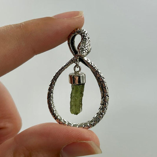 Ouroboros Snake With Moldavite Pendant || .925 Sterling Silver-Nature's Treasures