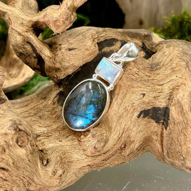 Oval Shaped Labradorite With Rainbow Moonstone Pendants || .925 Sterling Silver-Nature's Treasures