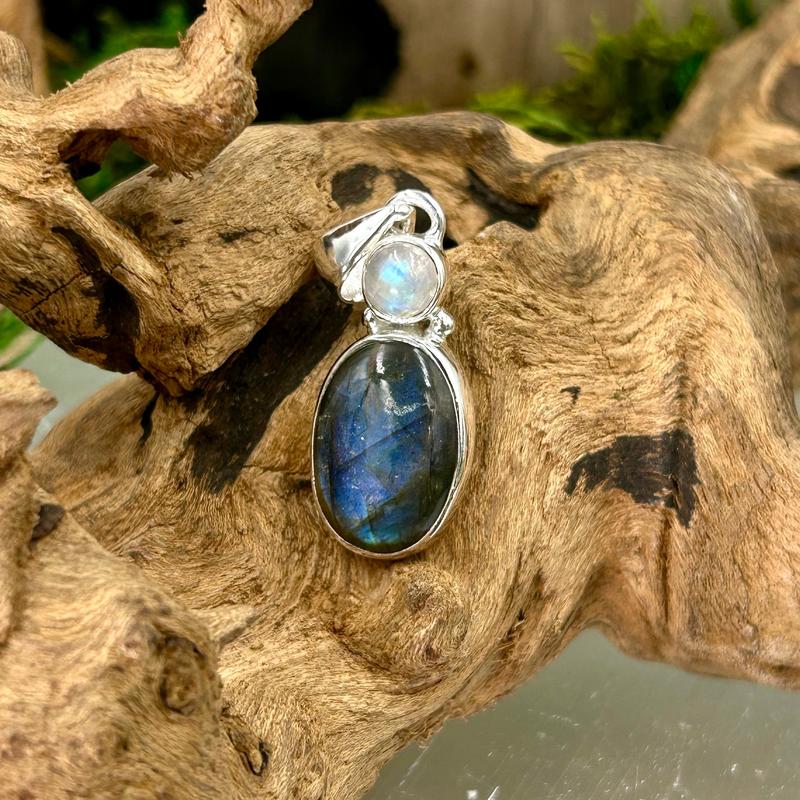 Oval Shaped Labradorite With Rainbow Moonstone Pendants || .925 Sterling Silver-Nature's Treasures