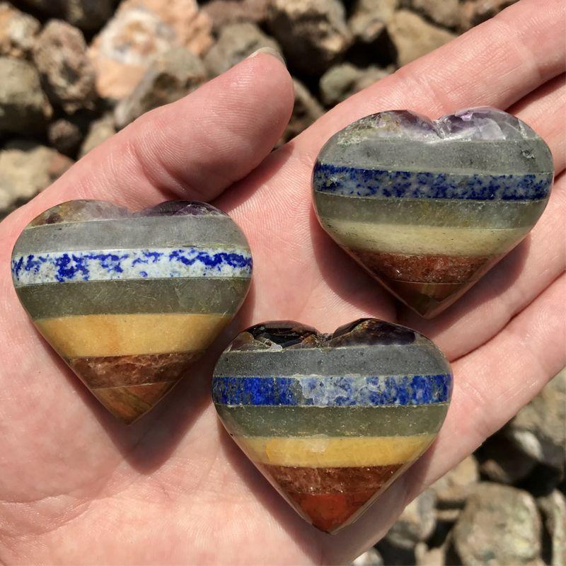 Polished 7 Chakra Crystal Bonded Heart 40 MM || Balance, Alignment || Brazil-Nature's Treasures