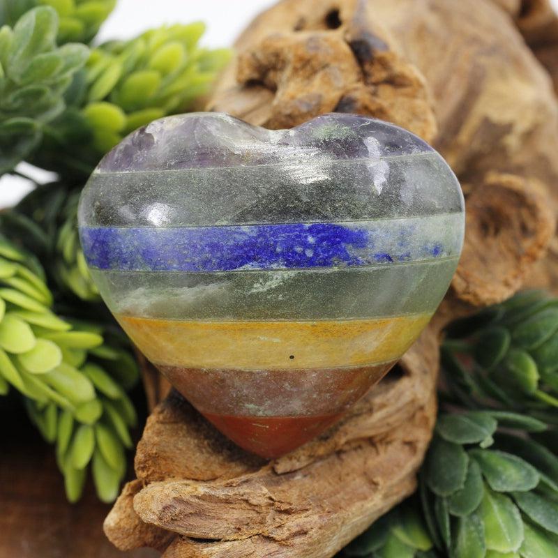 Polished 7 Chakra Crystal Bonded Heart 40 MM || Balance, Alignment || Brazil-Nature's Treasures