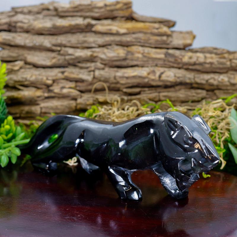 Polished Black Obsidian Glass Panther Statue || Mexico-Nature's Treasures