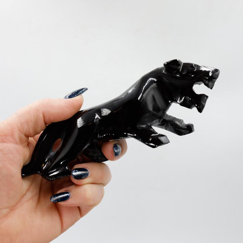 Polished Black Obsidian Glass Panther Statue || Mexico-Nature's Treasures
