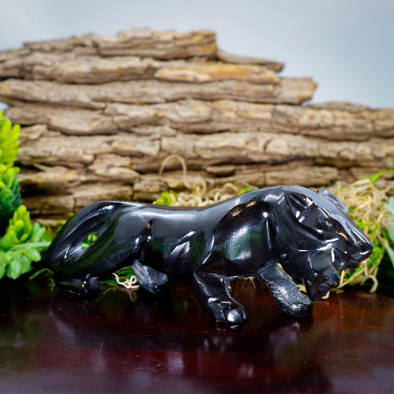 Polished Black Obsidian Glass Panther Statue || Mexico-Nature's Treasures