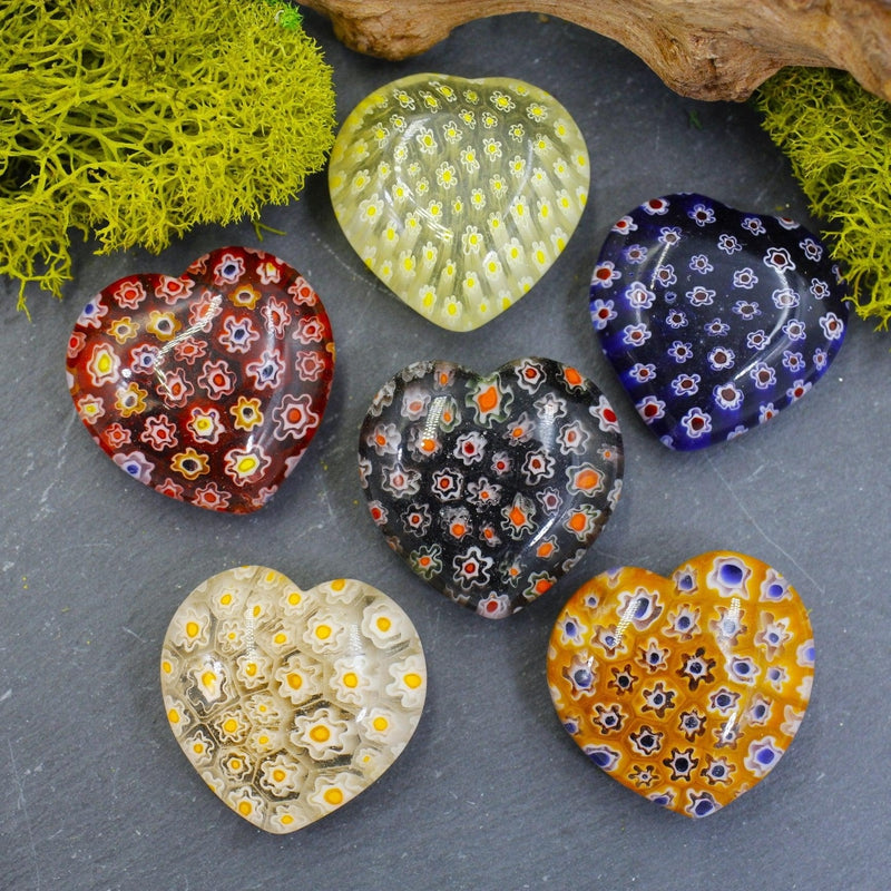Polished Millefiori Glass Pocket Hearts || Calmness, Joy, Inner-Love || Italy-Nature's Treasures