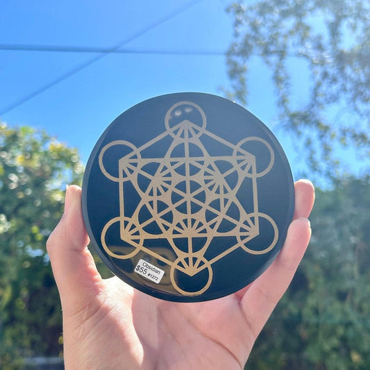 Polished Obsidian Glass Metatron Cube Crystal Grid Disc || Mexico-Nature's Treasures