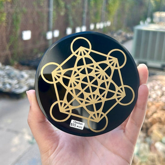 Polished Obsidian Glass Metatron Cube Crystal Grid Disc || Mexico-Nature's Treasures