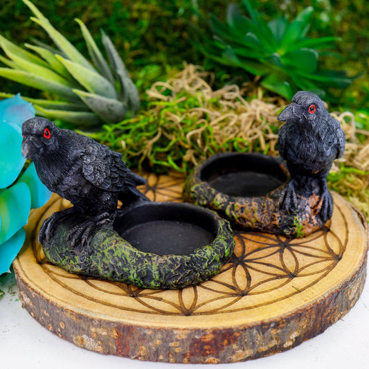Polyresin Black Raven Tea-Light Candle Holder Set