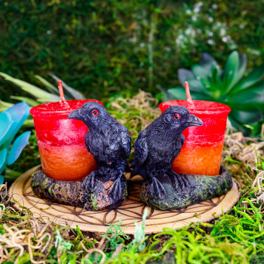 Polyresin Black Raven Tea-Light Candle Holder Set