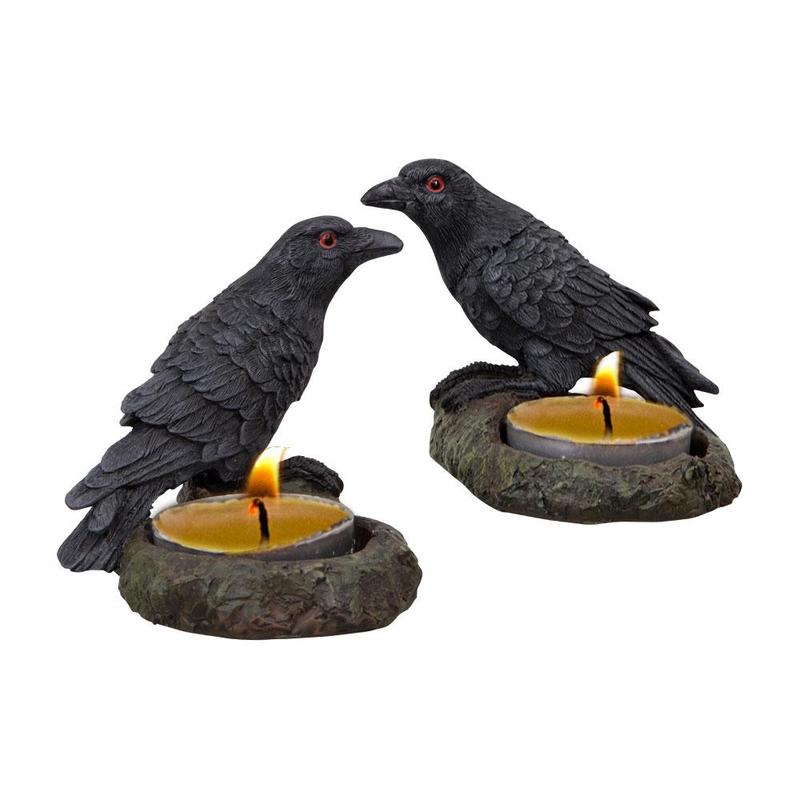 Polyresin Black Raven Tea-Light Candle Holder Set