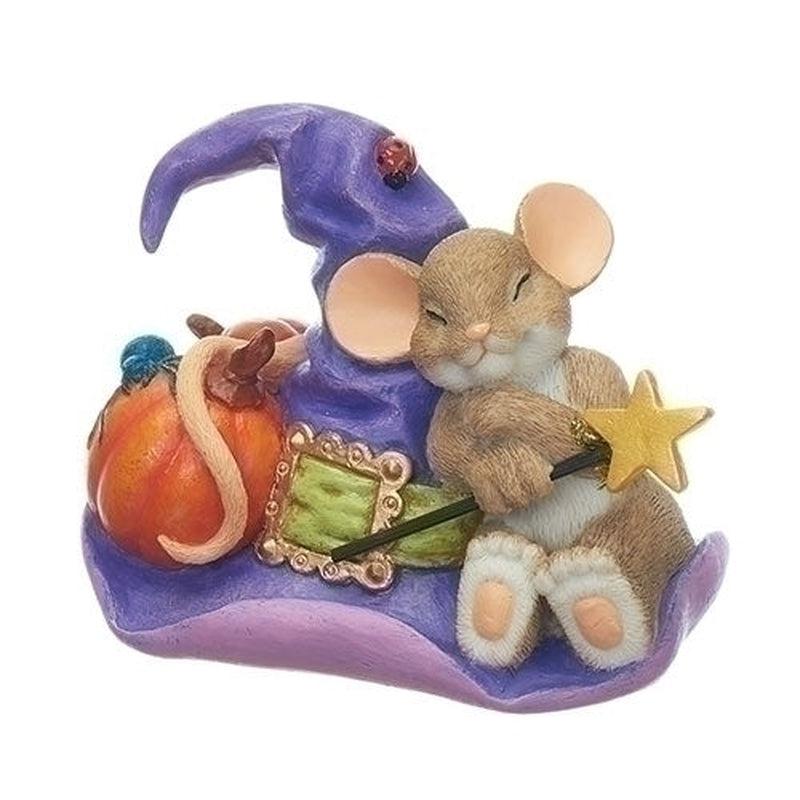 Polyresin Halloween Mouse On Witch Hat Statue figurine-Nature's Treasures