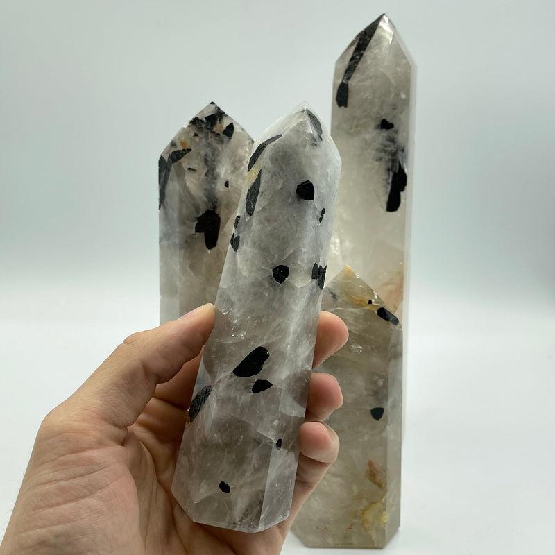 Rainbow Moonstone, Clear Quartz, Tourmaline In Matrix Tower Points-Nature's Treasures