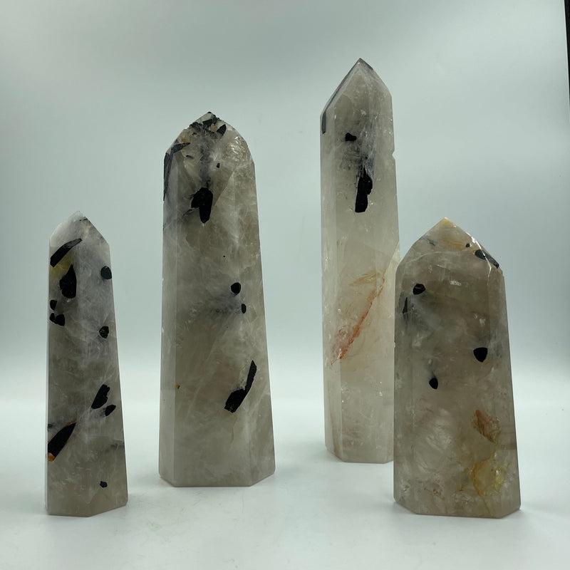 Rainbow Moonstone, Clear Quartz, Tourmaline In Matrix Tower Points-Nature's Treasures