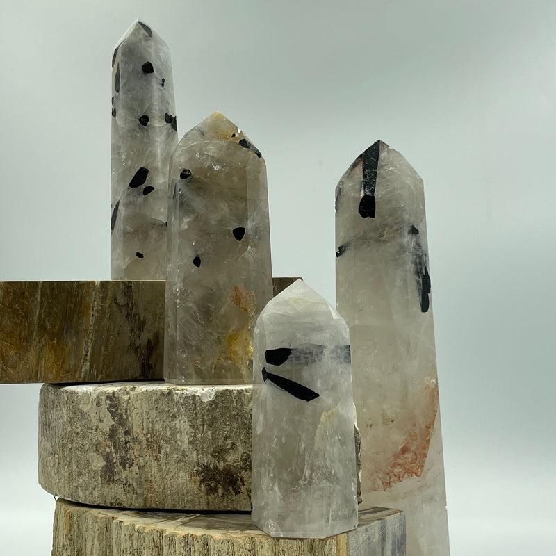 Rainbow Moonstone, Clear Quartz, Tourmaline In Matrix Tower Points-Nature's Treasures