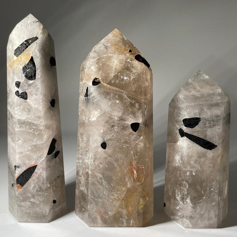 Rainbow Moonstone, Clear Quartz, Tourmaline In Matrix Tower Points-Nature's Treasures