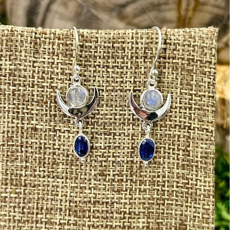 Rainbow Moonstone With Blue Kyanite Crescent Moon Earrings || .925 Sterling Silver-Nature's Treasures