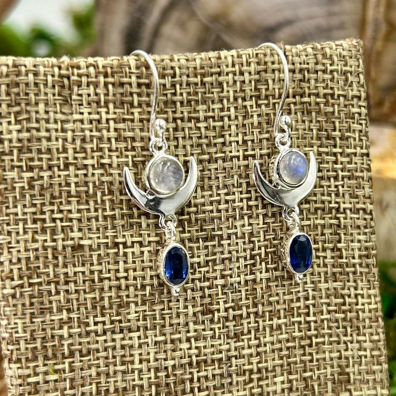 Rainbow Moonstone With Blue Kyanite Crescent Moon Earrings || .925 Sterling Silver-Nature's Treasures