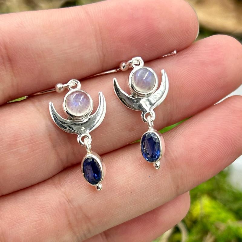 Rainbow Moonstone With Blue Kyanite Crescent Moon Earrings || .925 Sterling Silver-Nature's Treasures