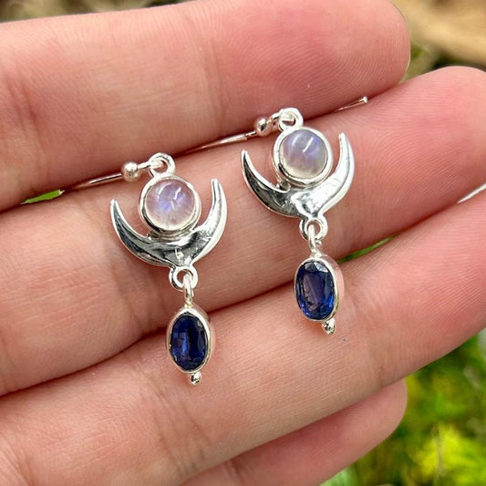 Rainbow Moonstone With Blue Kyanite Crescent Moon Earrings || .925 Sterling Silver-Nature's Treasures