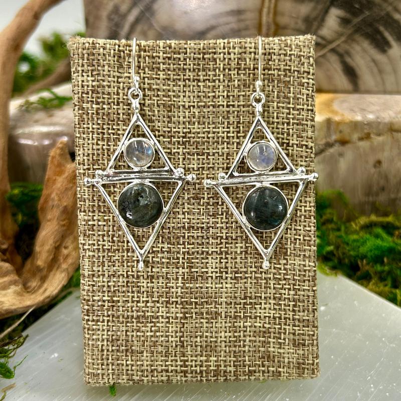 Rainbow Moonstone With Larvikite Moon Phase Earrings || .925 Sterling Silver-Nature's Treasures