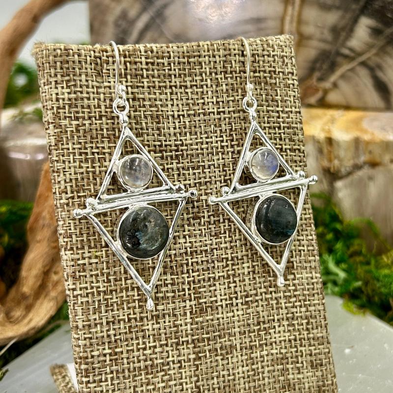 Rainbow Moonstone With Larvikite Moon Phase Earrings || .925 Sterling Silver-Nature's Treasures