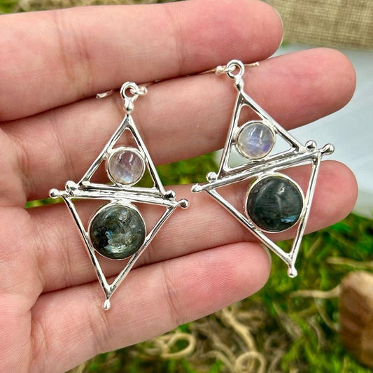 Rainbow Moonstone With Larvikite Moon Phase Earrings || .925 Sterling Silver-Nature's Treasures