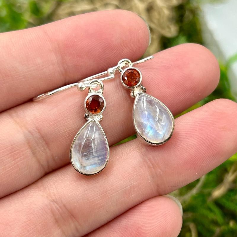 Rainbow Moonstone With Orange Kyanite Earrings || .925 Sterling Silver-Nature's Treasures