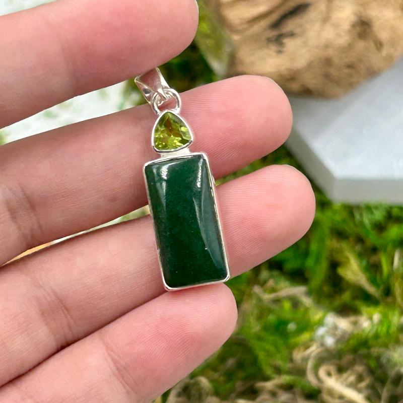 Rectangular Jade With Peridot Pendant || .925 Sterling Silver-Nature's Treasures