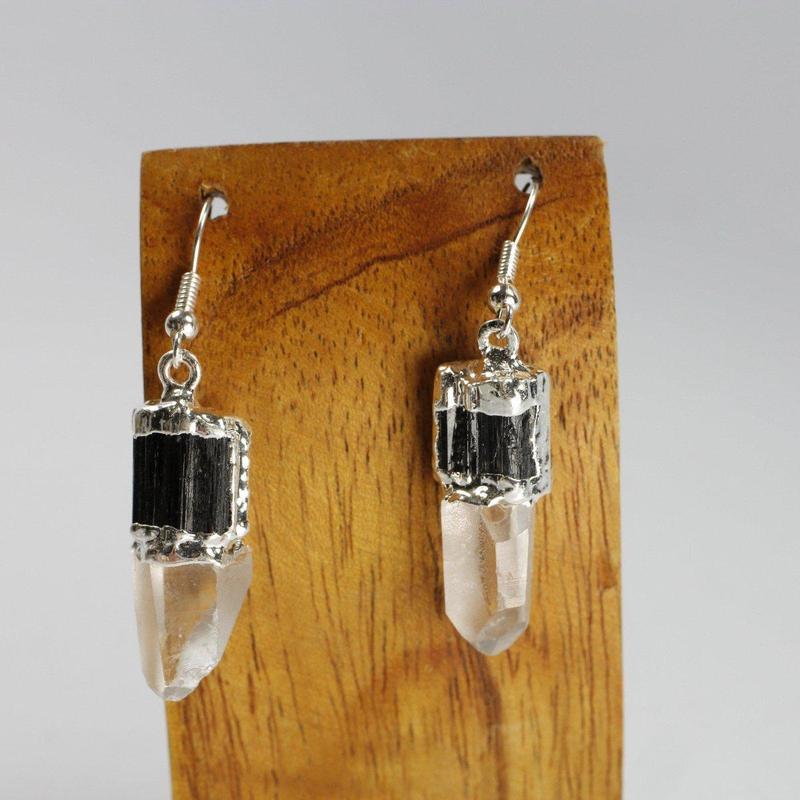 Rough Tourmaline And Quartz Point Earrings || Silver Plated