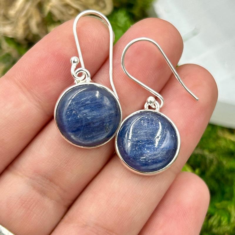 Round Blue Kyanite French Hook Earrings || .925 Sterling Silver-Nature's Treasures