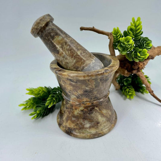 SHOW PRODUCT: Apothecary Soapstone Mortar and Pestle - Mottled Brown w/ Hourglass Shape-Nature's Treasures