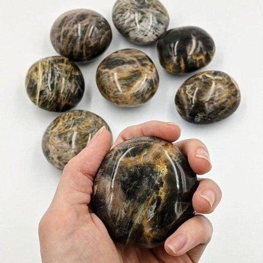 SHOW PRODUCT: Black Moonstone Gallet Palm Stones-Nature's Treasures