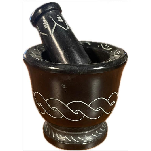 SHOW PRODUCT: Black Soapstone Mortar & Pestle w/ Knotted Braid Design-Nature's Treasures