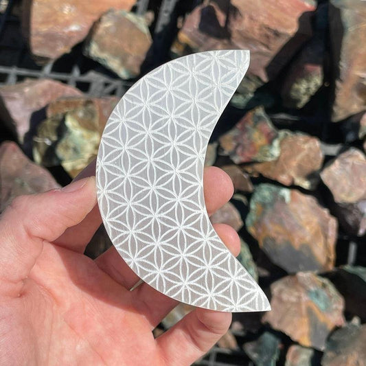SHOW PRODUCT: Selenite Satin Spar Flower Of Life Moon Charging Plate and Carving-Nature's Treasures