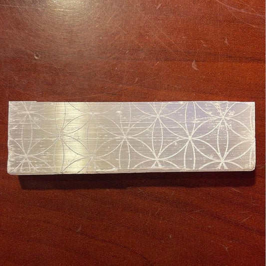 SHOW PRODUCT: Selenite Satin Spar Flower of Life Etched Block-Nature's Treasures