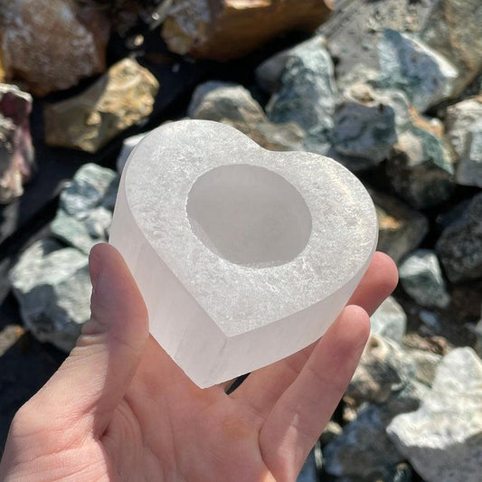 SHOW PRODUCT: Selenite Satin Spar Heart Tea Light Holder-Nature's Treasures