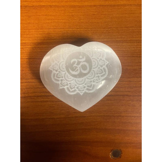 SHOW PRODUCT: Selenite Satin Spar Heart w/ Om Mandala Carving-Nature's Treasures