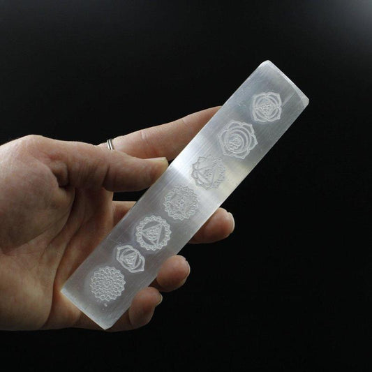 SHOW PRODUCT: Selenite Satin Spar Rectangle Chakra Symbols Charging Plate-Nature's Treasures