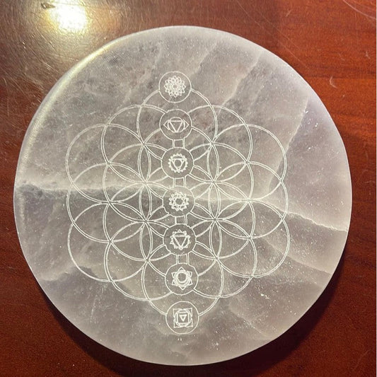 SHOW PRODUCT: Selenite Satin Spar Round Flower of Life w/ Chakra Symbols Charging Plate-Nature's Treasures