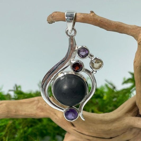 SHOW PRODUCT: Shungite W/ Amethyst, Garnet, and Citrine Crystal Pendant Set In .925 Sterling Silver-Nature's Treasures