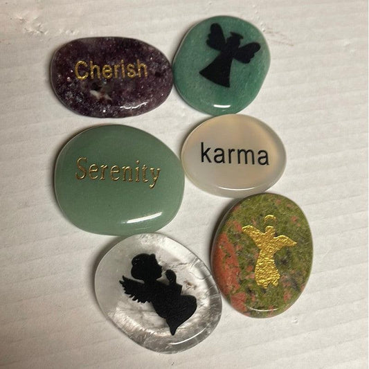 SHOW PRODUCT: Various Engraved Word and Image Palm Stones-Nature's Treasures