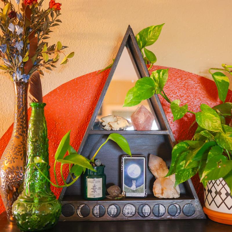 SHOW PRODUCT: Wooden Altar Shelf with Mirror - Moon Phases-Nature's Treasures
