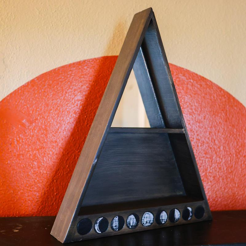 SHOW PRODUCT: Wooden Altar Shelf with Mirror - Moon Phases-Nature's Treasures