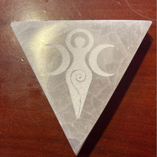SHOW PRODUCTS: Selenite Satin Spar Triangle Triple Lunar Goddess Charging Plate-Nature's Treasures