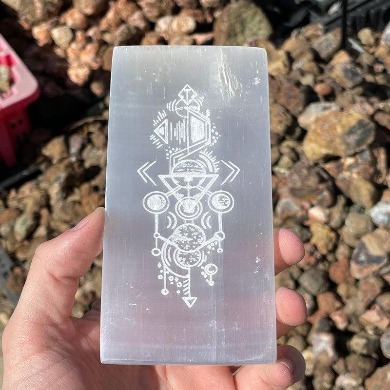Selenite Satin Spar Aztec Tribal Design Rectangle Charging Plate-Nature's Treasures