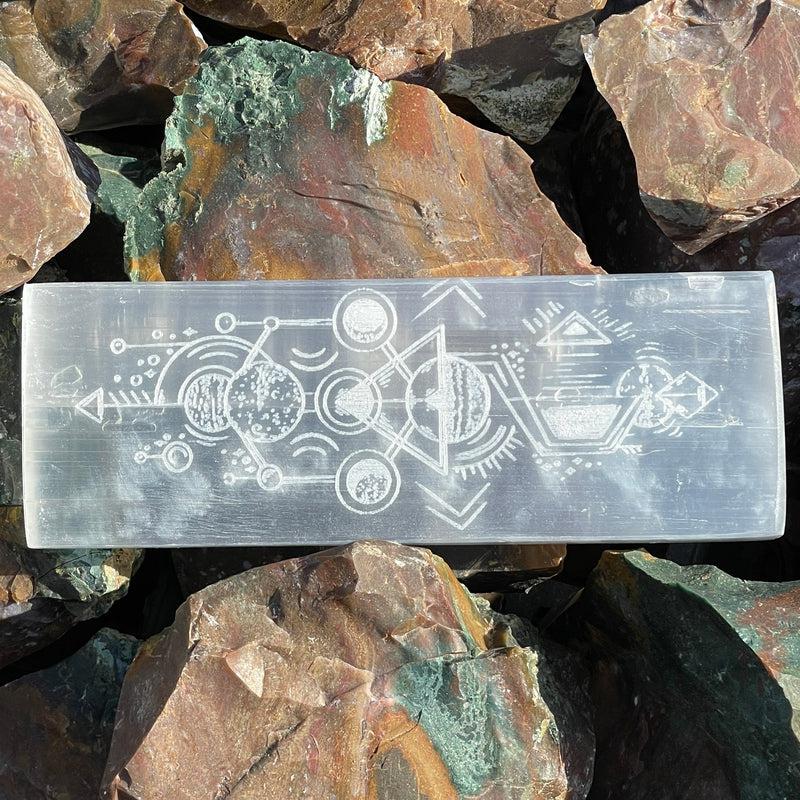 Selenite Satin Spar Aztec Tribal Design Rectangle Charging Plate-Nature's Treasures