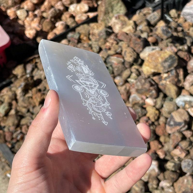 Selenite Satin Spar Aztec Tribal Design Rectangle Charging Plate-Nature's Treasures