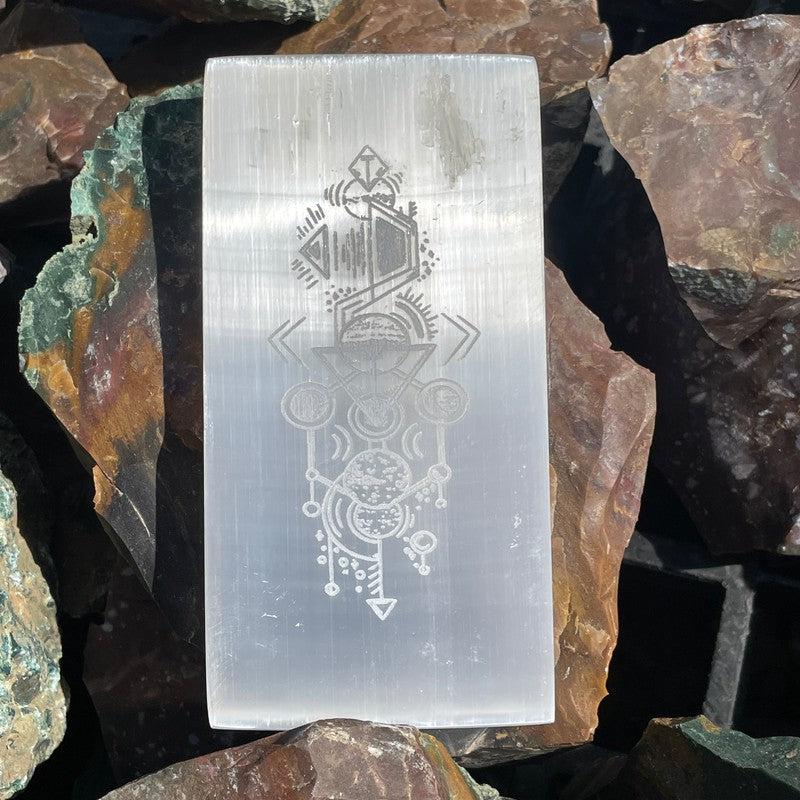 Selenite Satin Spar Aztec Tribal Design Rectangle Charging Plate-Nature's Treasures