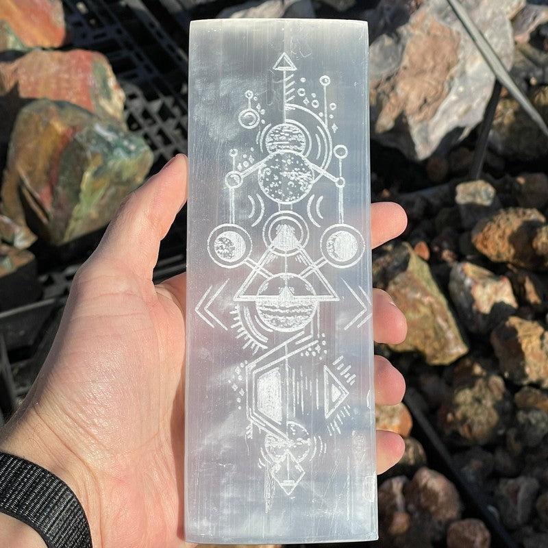 Selenite Satin Spar Aztec Tribal Design Rectangle Charging Plate-Nature's Treasures
