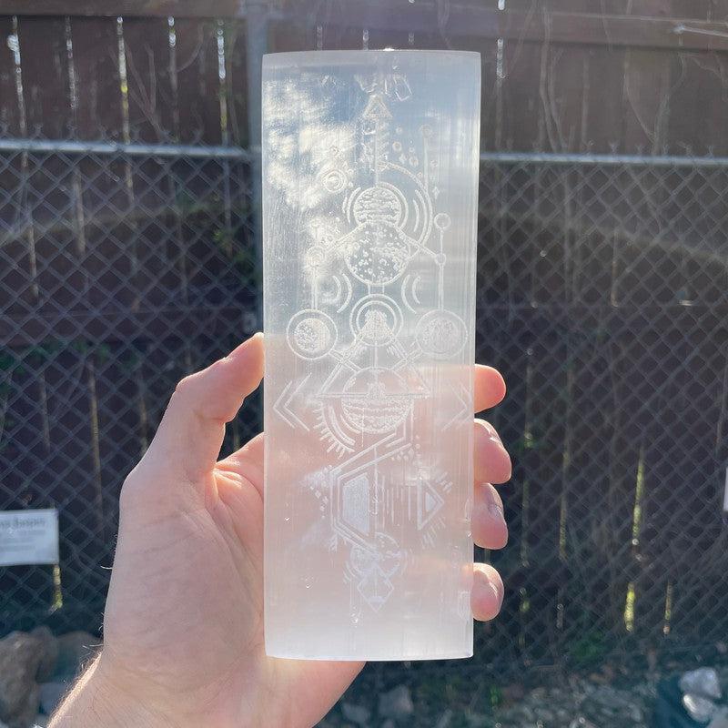 Selenite Satin Spar Aztec Tribal Design Rectangle Charging Plate-Nature's Treasures